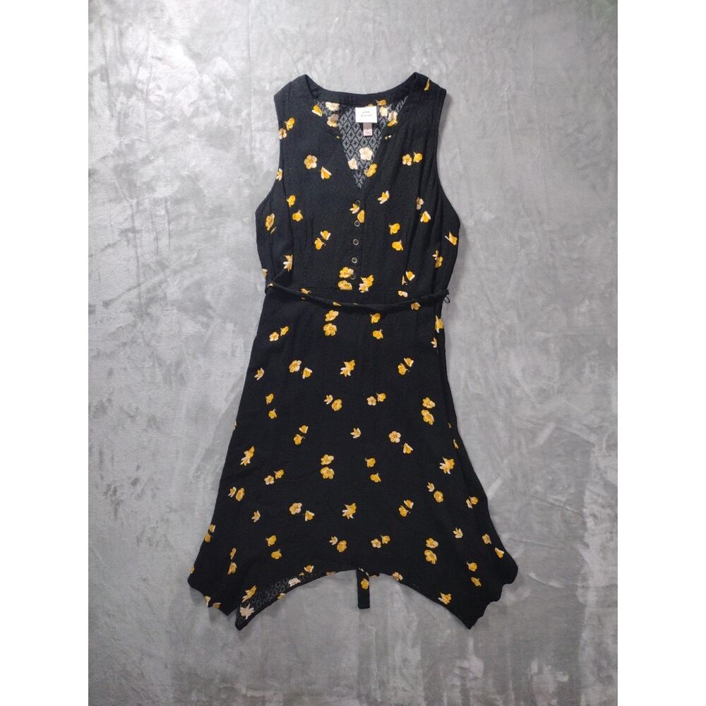 Knox Rose Dress Womens L Asymmetrical Sleeveless Black Yellow Floral V Neck
